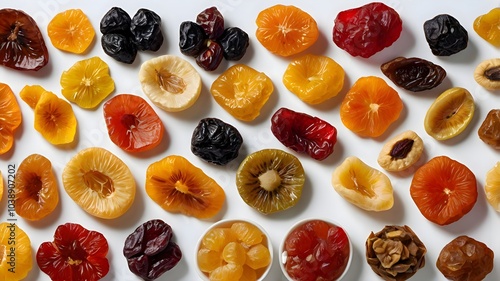 A variety of dried fruit pieces displayed artistically, isolated on a bright white canvas, produced using advanced. photo