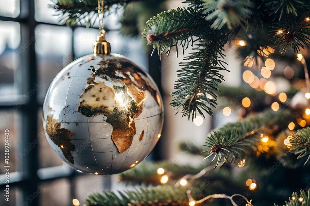 A metallic globe ornament showing a golden map of the world hangs from a Christmas tree, symbolizing global connection and holiday celebration, highlighted by warm lights and festive decorations. A metallic globe ornament showing a golden map of the world hangs from a Christmas tree, symbolizing global connection and holiday celebration, highlighted by warm lights and festive decorations.
