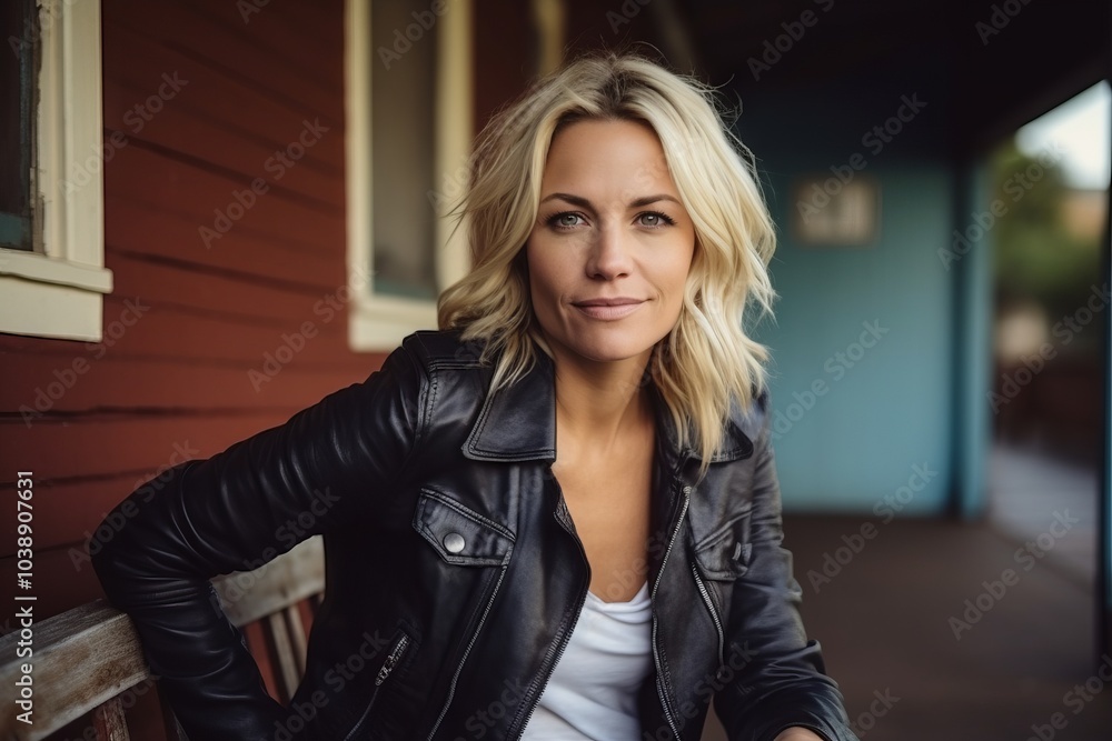 Portrait of a beautiful blonde woman in leather jacket, outdoor. Portrait of a beautiful blonde woman in leather jacket, outdoor.