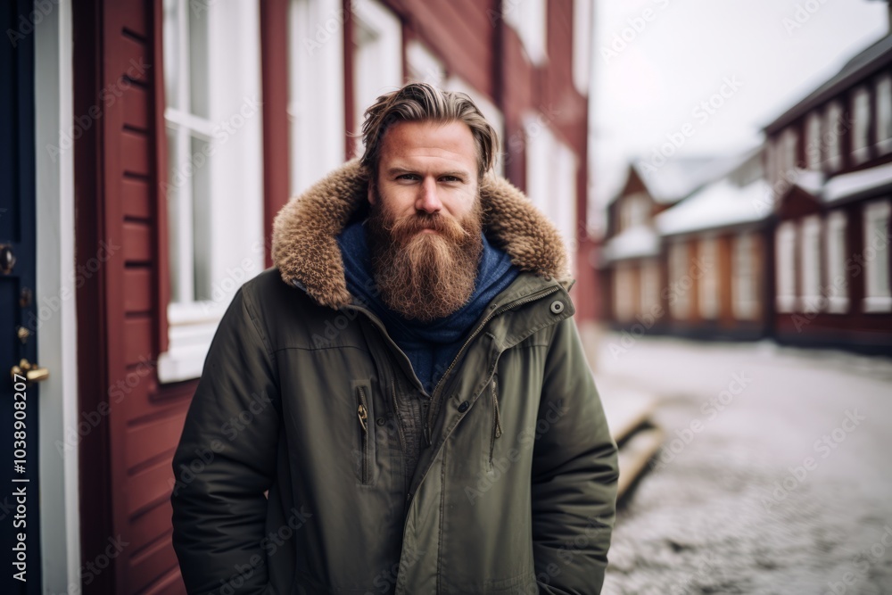 Portrait of a bearded man in a winter jacket on the background of a red house. Portrait of a bearded man in a winter jacket on the background of a red house.