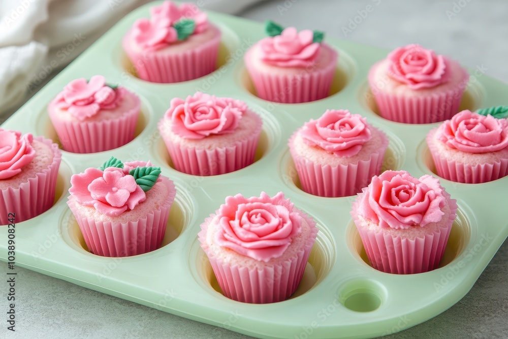 Tempting pink cupcakes in silicone cups unadorned Tempting pink cupcakes in silicone cups unadorned