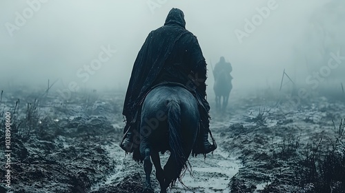 Mysterious Riders in Foggy Landscape at Dusk photo