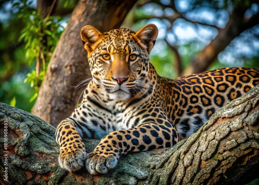 Obraz premium A breathtaking drone perspective reveals a leopard lounging peacefully in a tree.