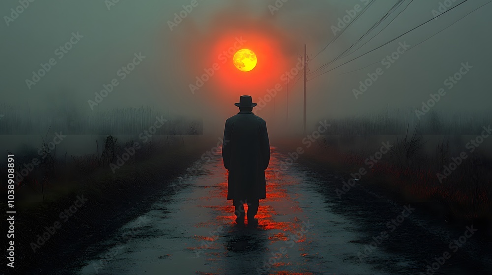 Mysterious Figure Under Red Sun at Dusk Mysterious Figure Under Red Sun at Dusk