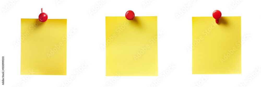 Set of A single yellow Post-it note with a red push pin, positioned diagonally on a pristine on transparent background. Ai generated
