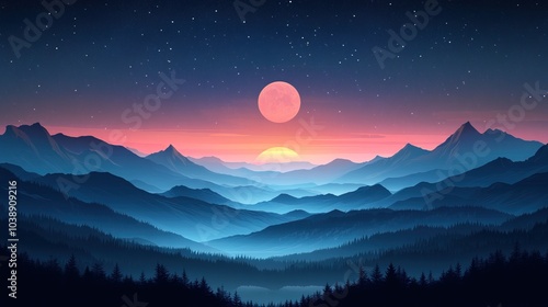 Cosmic landscape with gradient grainy texture and celestial night scene