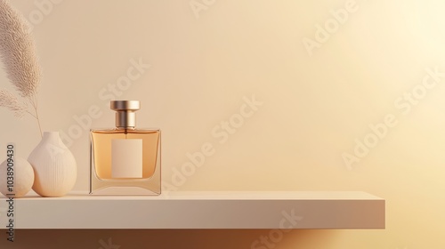 Wallpaper Mural Elegant Luxury Perfume Bottle Mockup on Minimalistic Shelf with Modern Decor, Ultra-Detailed Design and Cinematic Light Torontodigital.ca