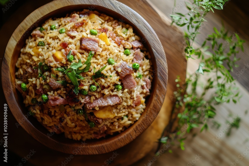Thai cuisine Salt beef fried rice on a wooden chop Thai style food preservation Aerial view low key lighting Thai cuisine Salt beef fried rice on a wooden chop Thai style food preservation Aerial view low key lighting