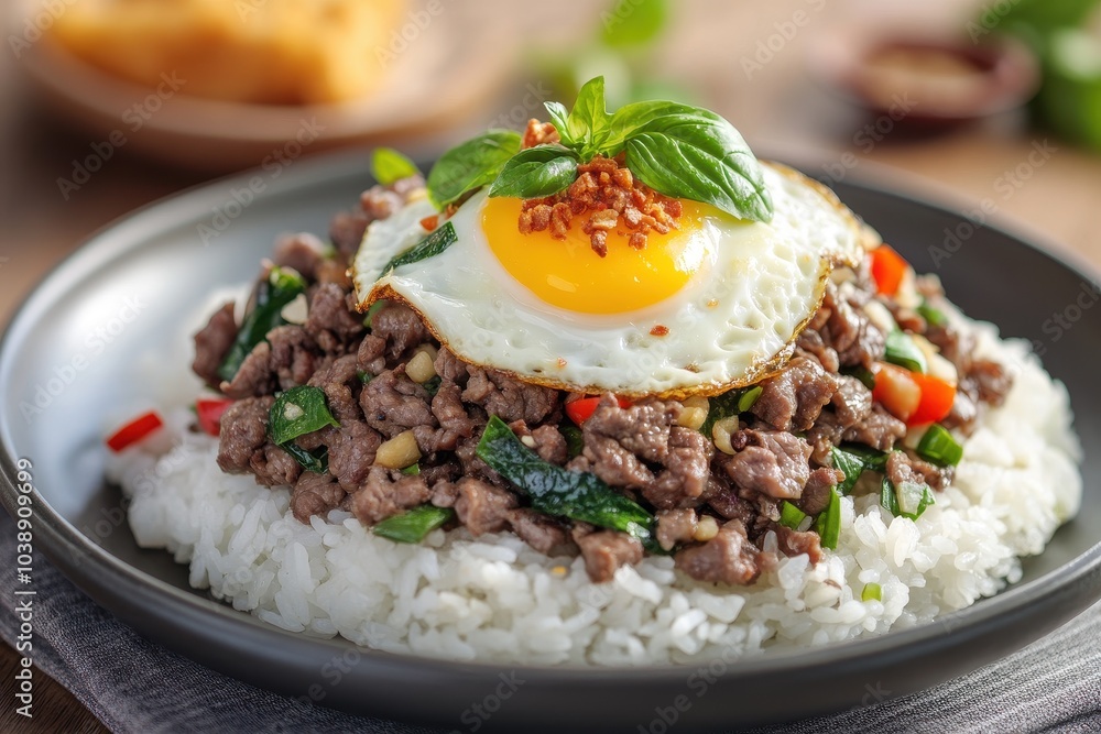 Thai street food featuring rice with egg stir fried beef and basil captured in soft focus Thai street food featuring rice with egg stir fried beef and basil captured in soft focus