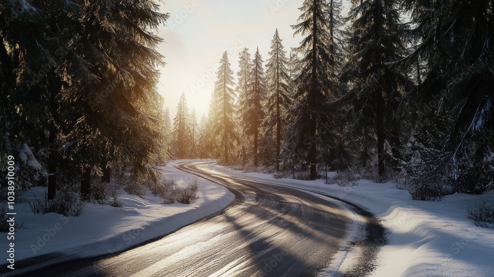 Obraz premium Snowy Forest Road at Sunset