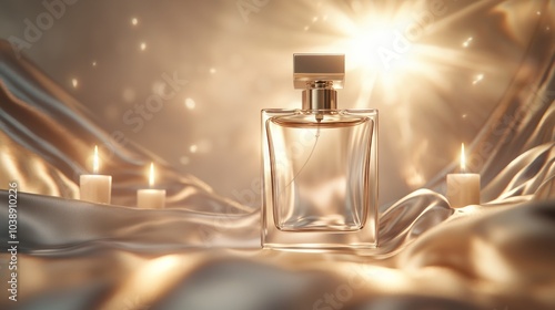 Elegant Luxury Perfume Mockup with Flowing Fabric, Soft Candlelight, and Cinematic Light Ambiance photo