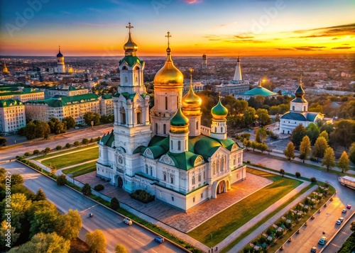 Aerial view captures the beauty of Astrakhan Kremlin, Assumption Cathedral bathed in sunset. photo