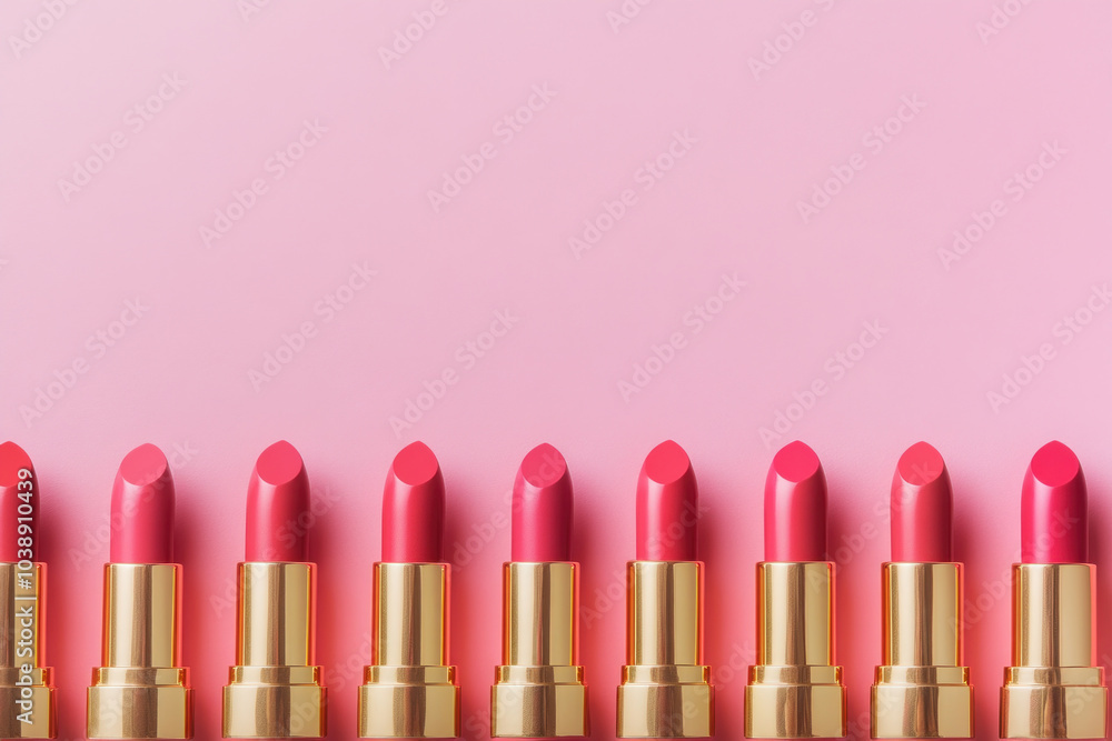 Pink lipsticks arranged on a pink background, creating a vibrant and feminine display. Pink lipsticks arranged on a pink background, creating a vibrant and feminine display.