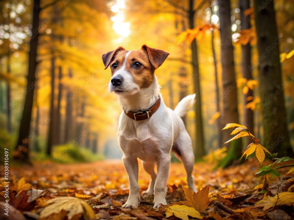 A Jack Russell terrier's fall adventure in fiery foliage. A Jack Russell terrier's fall adventure in fiery foliage.