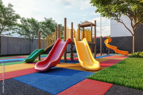 Three slides on a multicolored rubber floor with grass and cobblestone tiles in an outdoor playground viewed from the side photo