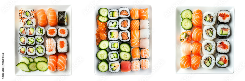 Set of A top-down view of a plate of sushi rolls featuring vibrant colors and fresh ingredients, artfully placed on a wooden sushi board on transparent background. Ai generated Set of A top-down view of a plate of sushi rolls featuring vibrant colors and fresh ingredients, artfully placed on a wooden sushi board on transparent background. Ai generated