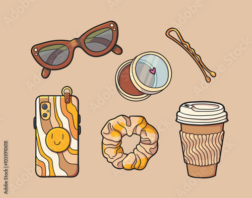 Beige aesthetics. What's in my bag? Woman hair accessories, cosmetics, sunglasses, and phone.