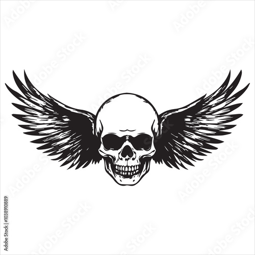 
Simple vector logo of a skull with wings, on a pure white background.