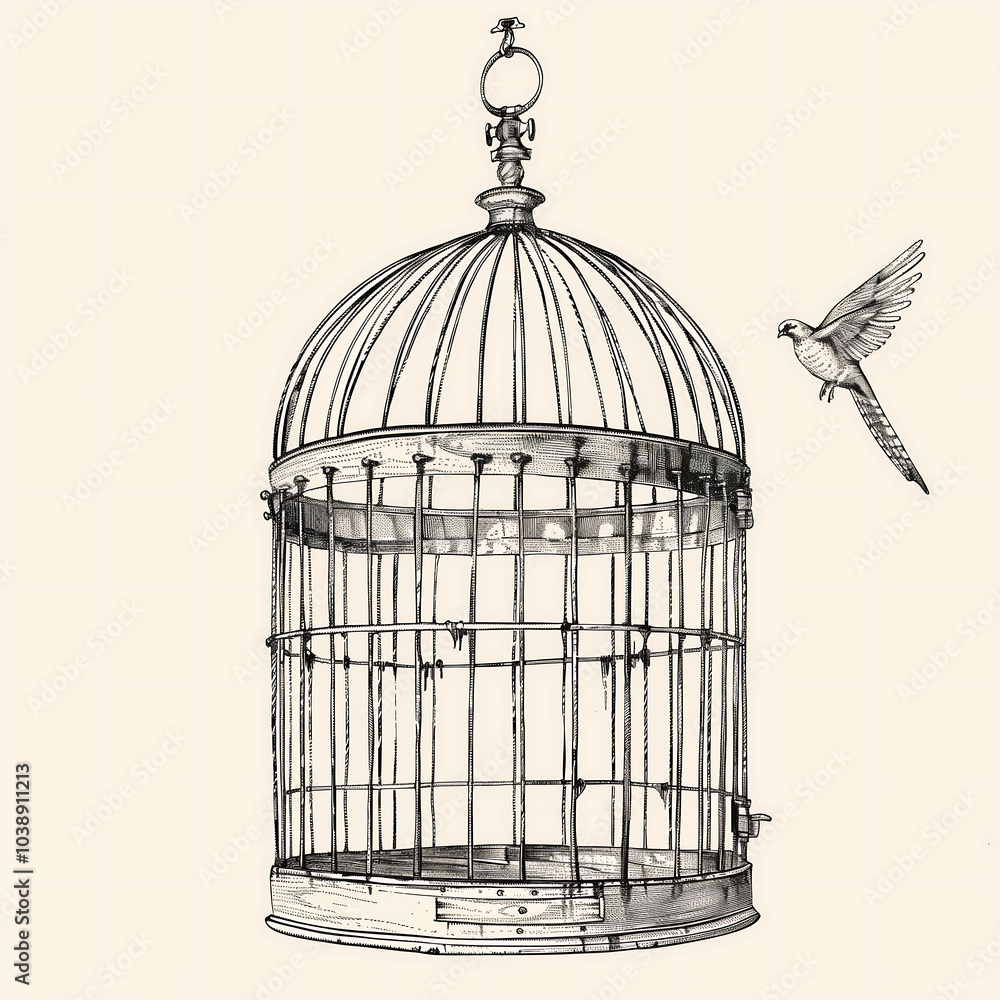 Naklejka premium Vintage line art: a simple, minimalist sketch of a bird cage