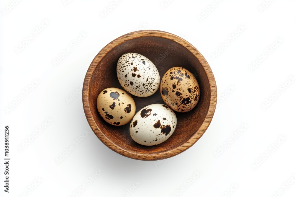 Top down view of a raw quail egg in a wooden bowl against a white backdrop Top down view of a raw quail egg in a wooden bowl against a white backdrop
