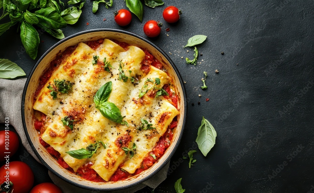 Top down view of cannelloni on a dark plate Top down view of cannelloni on a dark plate