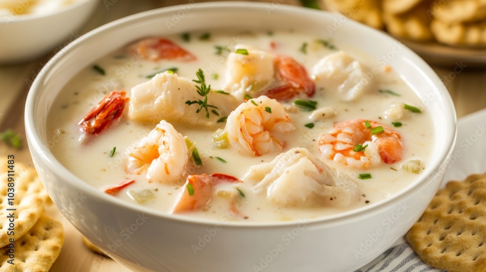 A tempting bowl of creamy seafood chowder filled with shrimp, crab, and chunks of tender fish A tempting bowl of creamy seafood chowder filled with shrimp, crab, and chunks of tender fish
