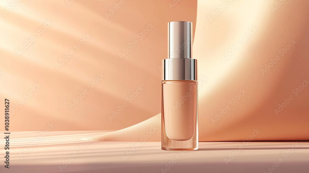Cosmetic foundation bottle on a soft peach background, perfect for beauty and skincare promotional materials. Cosmetic foundation bottle on a soft peach background, perfect for beauty and skincare promotional materials.