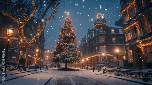 Christmas tree in the winter snow city