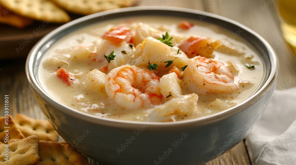 A tempting bowl of creamy seafood chowder filled with shrimp, crab, and chunks of tender fish A tempting bowl of creamy seafood chowder filled with shrimp, crab, and chunks of tender fish