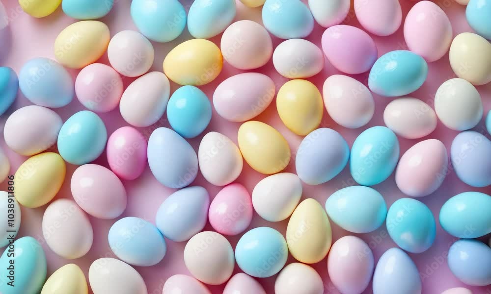 A colorful pattern of Easter eggs arranged on a pastel background A colorful pattern of Easter eggs arranged on a pastel background