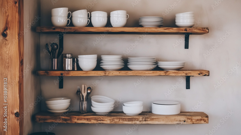 Simple kitchen layout with open shelves displaying neatly organized white dishes and minimal utensils Simple kitchen layout with open shelves displaying neatly organized white dishes and minimal utensils