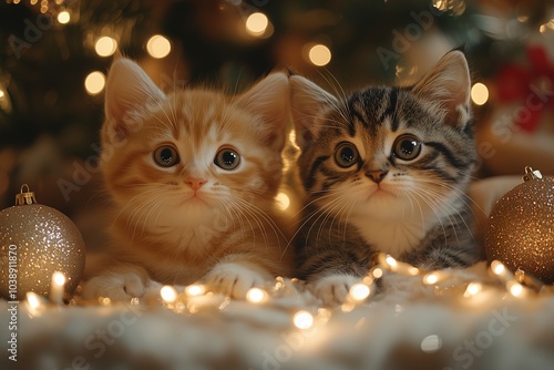 Two adorable kittens sitting among holiday decorations with twinkling lights at home