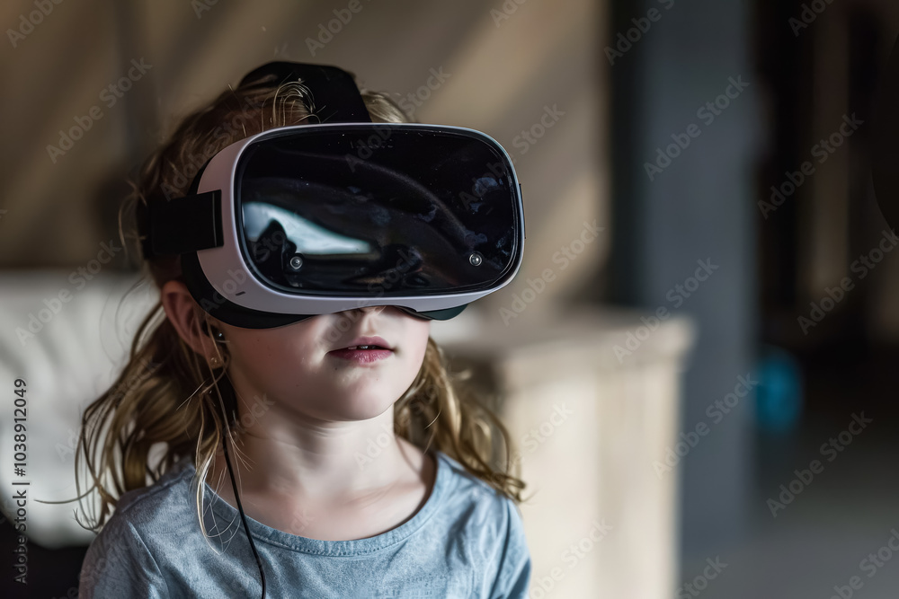 Young girl wearing a virtual reality headset is looking at a blue background. Concept of excitement and wonder as the girl experiences the virtual world Young girl wearing a virtual reality headset is looking at a blue background. Concept of excitement and wonder as the girl experiences the virtual world