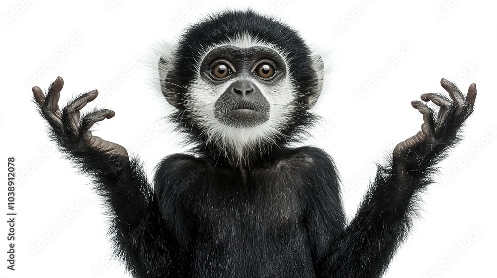 Fototapeta premium A curious monkey with a confused expression raises its arms, giving an impression of questioning or seeking understanding.