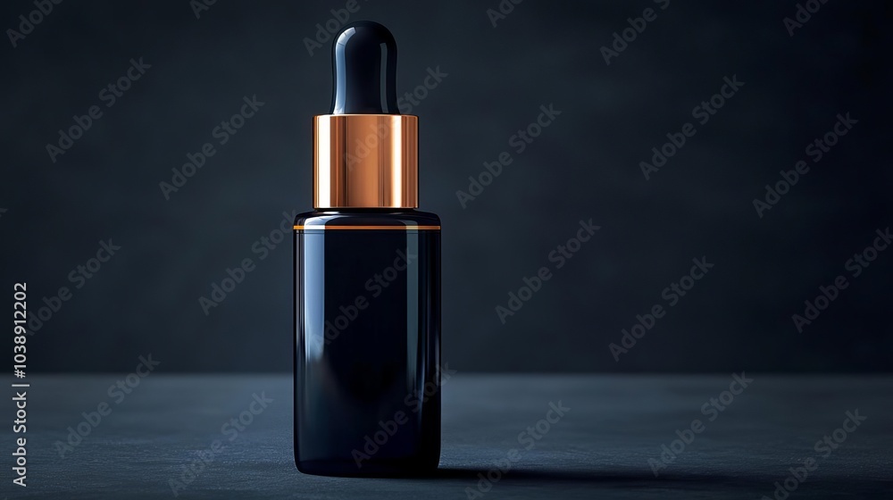 Elegant black dropper bottle with gold accents, dark background, perfect for cosmetic branding. Elegant black dropper bottle with gold accents, dark background, perfect for cosmetic branding.