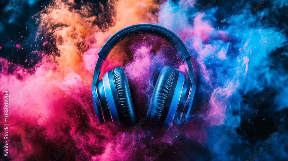 Vibrant headphones surrounded by colorful smoke in a creative artistic display at night Vibrant headphones surrounded by colorful smoke in a creative artistic display at night