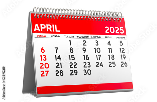 April 2025 Desk Calendar, 3D rendering isolated on transparent background