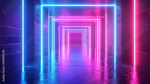 Neon-lit corridor with vibrant blue and pink lights showcasing modern architectural design