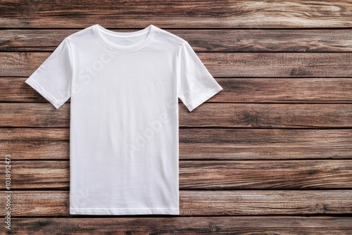 Wallpaper Mural Plain White T-Shirt on Wooden Background - Minimalist Fashion, Casual Design, Apparel Mockup, Modern Style, Blank Template for Branding Torontodigital.ca