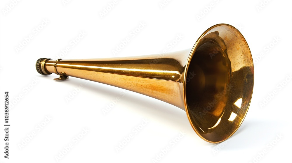 A shiny brass horn with a wide bell, showcasing its polished surface and classic design, ready to produce rich musical tones.