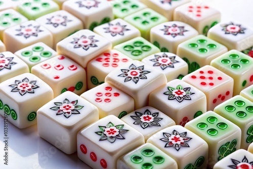 A stark white canvas displays a vibrant array of mahjong tiles.