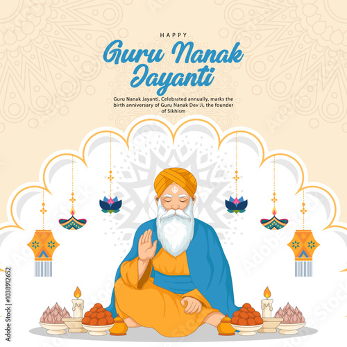 happy guru nanak jayanti for greeting card, social media post with flat design concept