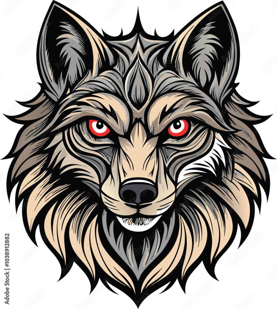 Fototapeta premium Aggressive Wolf Head Illustration with Red Eyes