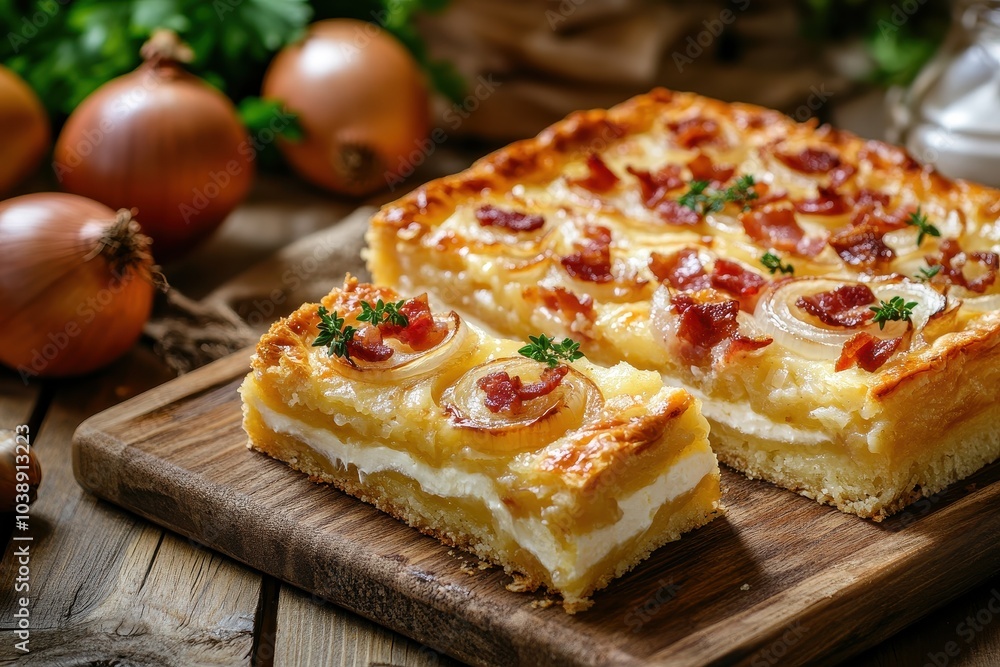 Traditional German onion cake made with yeast dough topped with onion bacon egg and cream focused on the center of the first slice Traditional German onion cake made with yeast dough topped with onion bacon egg and cream focused on the center of the first slice