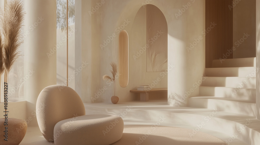 Zen-inspired minimalist living room with neutral tones and soft textures