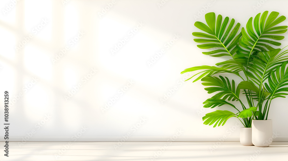 An empty white room with a plant, large windows that let in light, and shadows on the walls. Wall interior background. An empty white room with a plant, large windows that let in light, and shadows on the walls. Wall interior background.