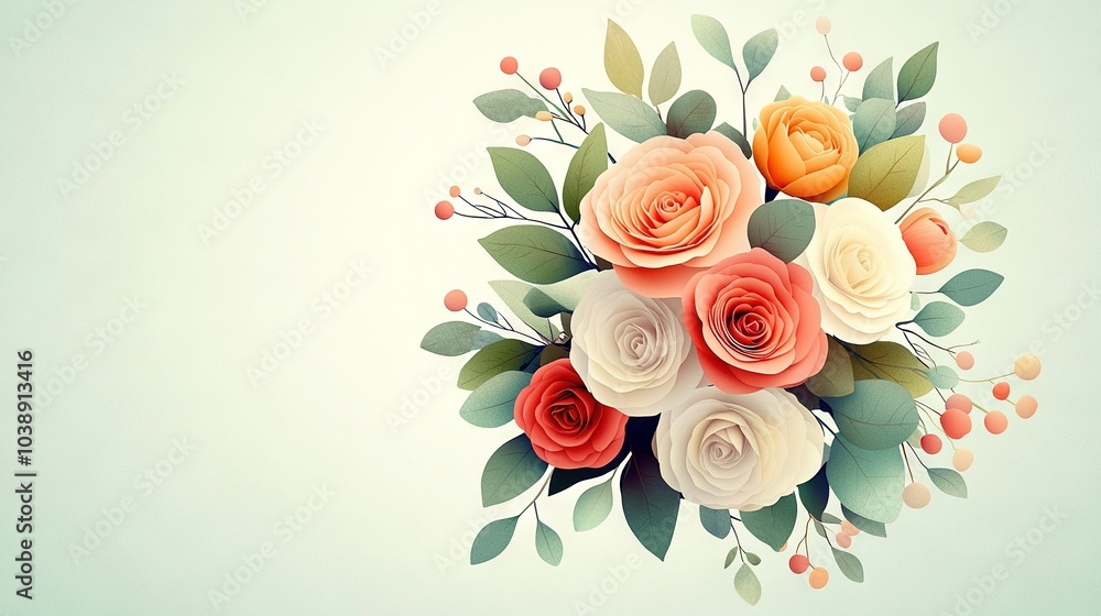 A bouquet of flowers, leaves, and berries against a light blue background with space for text or image A bouquet of flowers, leaves, and berries against a light blue background with space for text or image