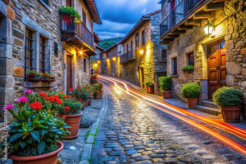 Fototapeta premium A vibrant display of potted plants brightens Barcena's historic cobblestone street.