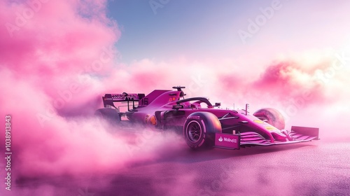 A vibrant racing car surrounded by colorful smoke, showcasing speed and excitement. photo