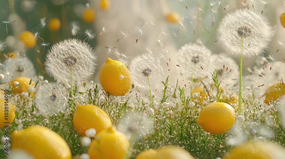 A yellow and white flower field with dandelions in the foreground and a blurry dandelion in the background A yellow and white flower field with dandelions in the foreground and a blurry dandelion in the background